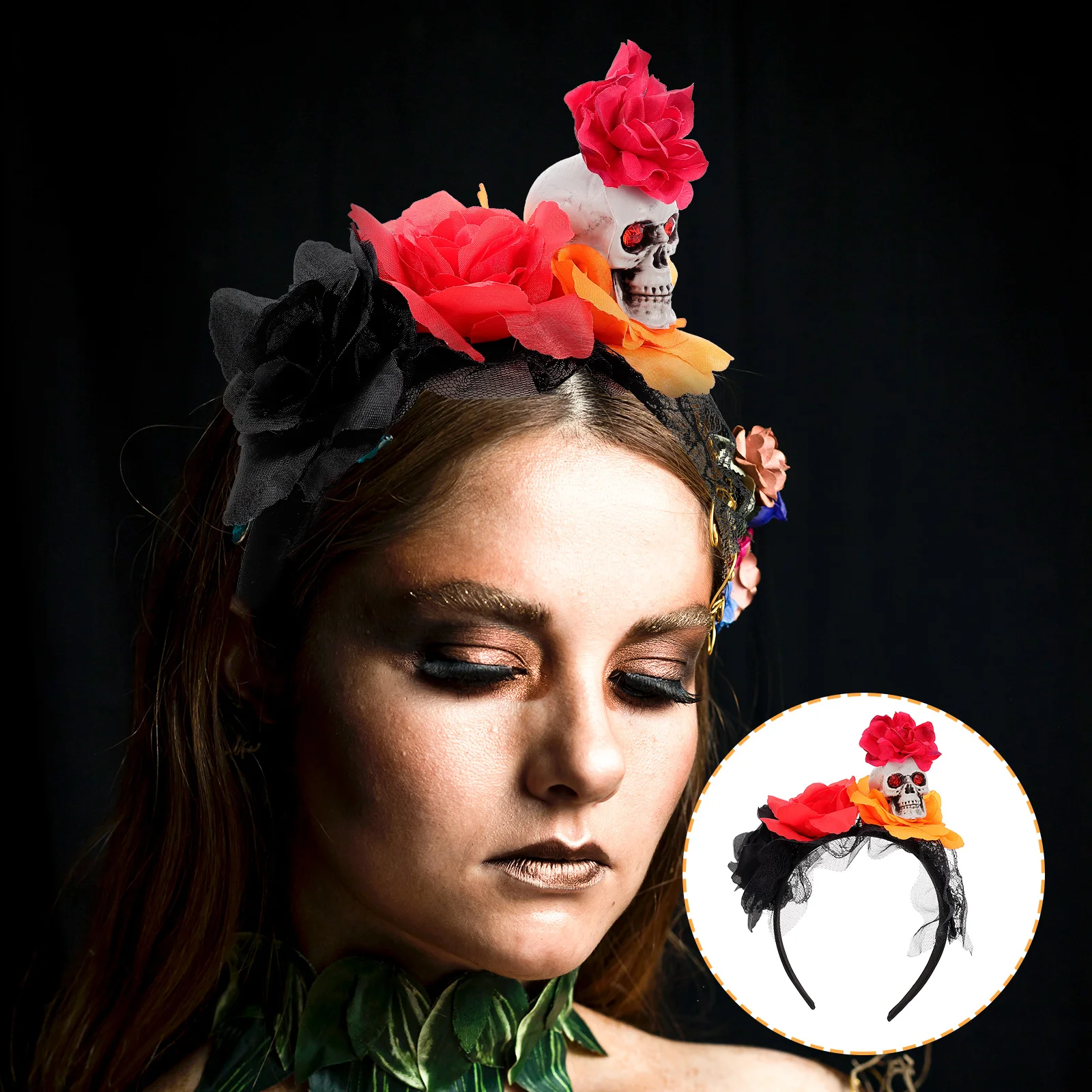 

Skull Headband Halloween Rose Design Lightweight Party Costume Festival Cosplay Hair Hoops Lace Floral Wreath Day Of The Dead