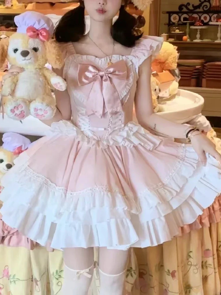 Kawaii Lolita Loose Square Neck Bow Dress Women Fashion Sweet Solid Ruffle Sleeveless Dresses Female Design  Patchwork Clothing