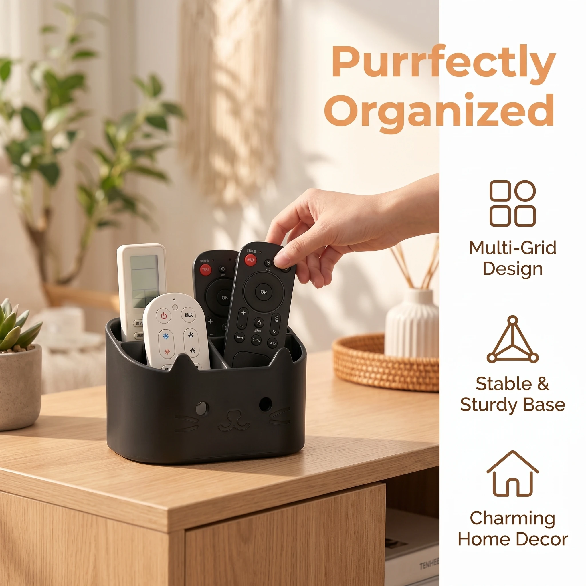 Cute Cat Face Design Desktop Storage Box, Multi-Compartment Pen Holder and Remote Control Organizer, Practical Desktop Stationery and Makeup Tool Storage Box, Suitable for Daily Use in the Office, Study, and Bedroom