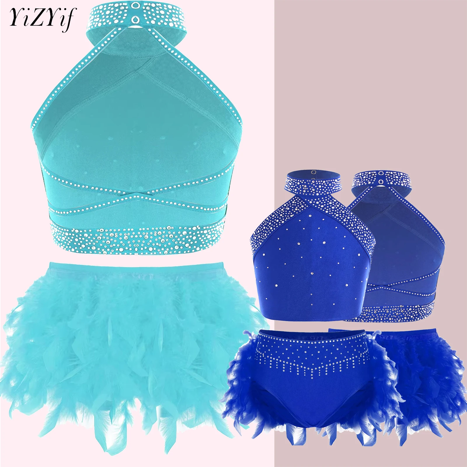 

Kids Girls Figure Skating Costume Ballet Lyrical Dance Performance Outfits Halter Crop Top+Feather Skirted Briefs Dancewear Set