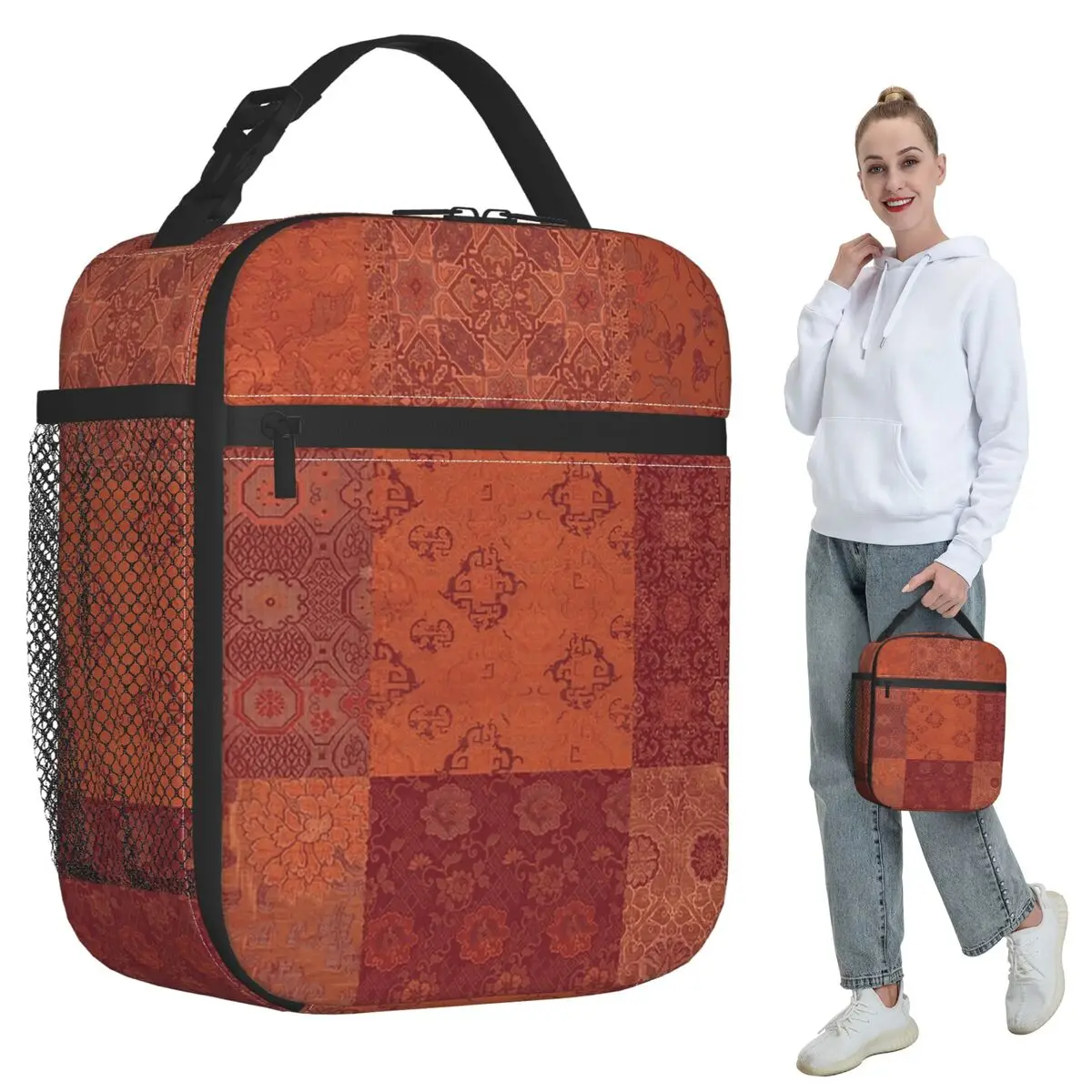 

Vintage Bohemian Quilt In Burnt Orange Insulated Lunch Bag for Women Office Cooler Thermal Food Box Tote Portable Lunch Boxes