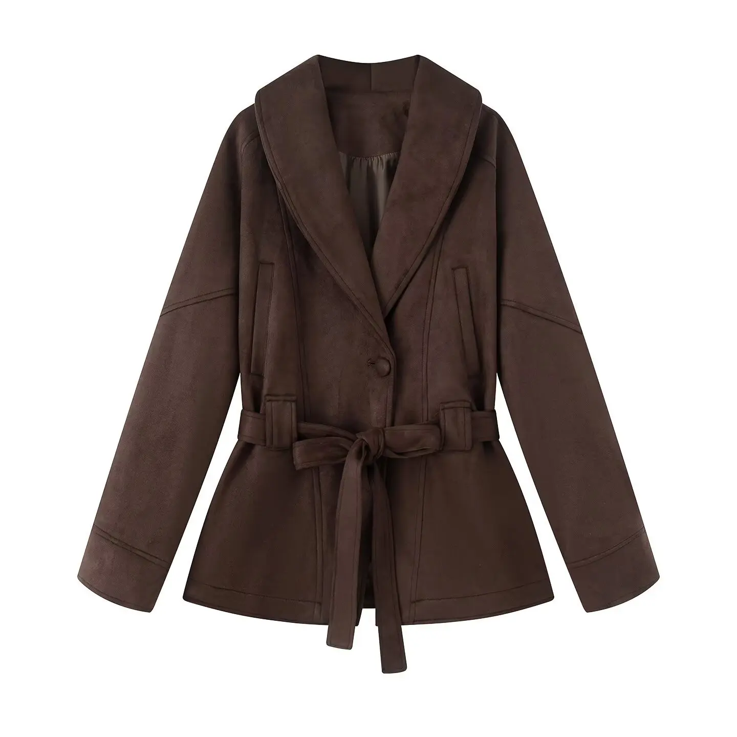 Chaqueta de ante con cinturón ceñido y cintura con cuello de manga larga para mujer, abrigo marrón para otoño e invierno, prendas de vestir exteriores, Top elegante a la moda