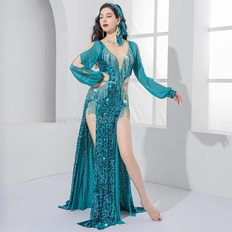 Robe Égyptienne à Paillettes Brillantes, Costume de brevdu Ventre, Ensemble de Performance de Groupe de Compétition, Manches sulf, avec Bande de Sauna