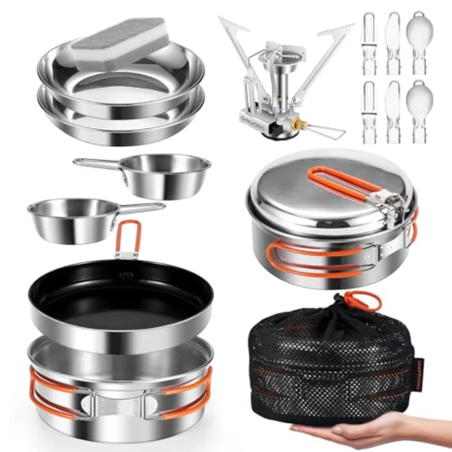 

10pcs Stainless Steel Camping Cookware Camping Pot and Pan Set with Portable Camping Stove Camping Mess Kit with Plates Bowls F