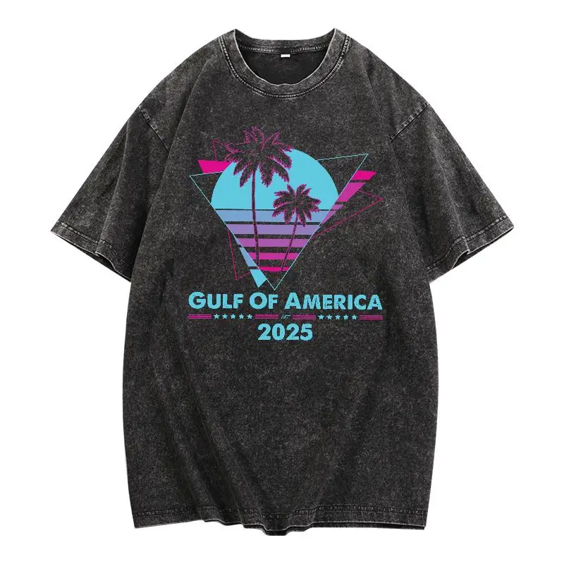 

Vintage - Washed T - Shirt for Beach Getaways: 'Gulf of America 2025' with Retro Palm Design - Capture Coastal Memories