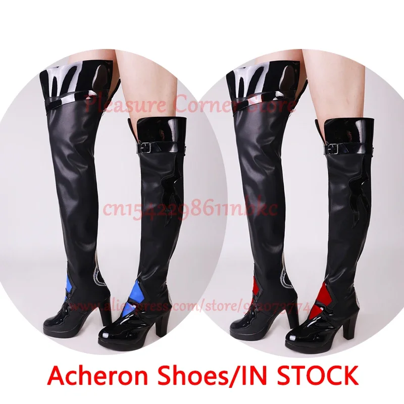 

In stock Acheron cosplay shoes long boots PU leather high heels shoes Acheron cosplay props