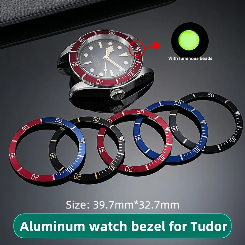 39.7*32.7mm Watch Face Aluminum Bezel Insert Ring -for Tudor Black bay small red flower Watch Replacement Part luminous beads