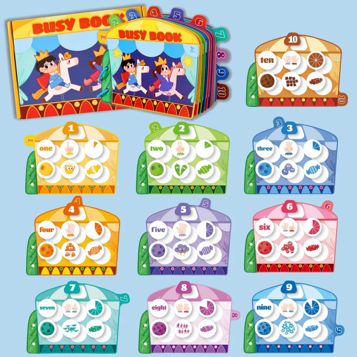 어린이 몬테소리 조기 교육 세트, 대화형 학습 바쁜 책 선물 상자, 색상 식별, 1-10 수량 단어 인식 매칭 게임, 재사용 가능한 DIY 스티커 조용한 책, 조기 계몽 활동 장난감, 3세 이상 어린이를 위한 선물, 유아 가족 학교 교육 보조 자료