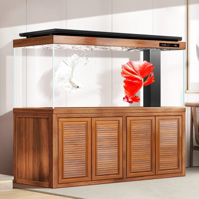 Large ultra-white glass right-angle overflow smart fish tank in the living room
