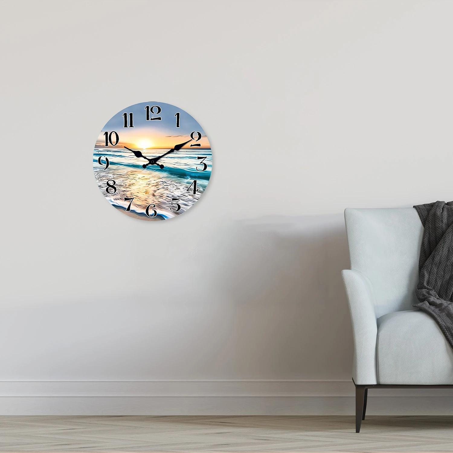 Modern Seaside Sunset Pattern Wooden Wall Clock Living Room Bedroom Kitchen Home Decoration Wall Clock Silent Quartz Clock Holiday Gift 10 Inches 12 Inches 14inch 16inch (No Battery)