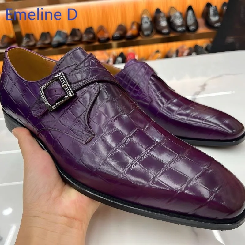 men Monk Strap Formal Shoes Textured  Print Leather Square Toe Single Buckle Evening Party Business Commute Footwear