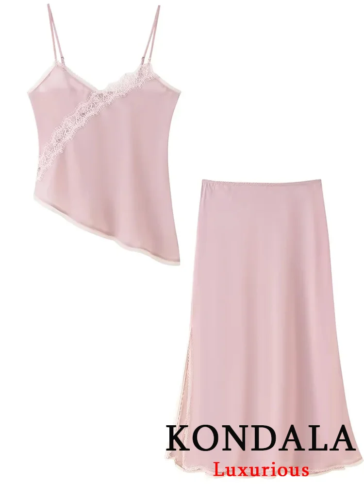 

KONDALA Holiday Sexy Chic Women Suit Patchwork Lace Asymmetrial Camisole Top Long Straight Skirt New Fashion 2025 Autumn Sets