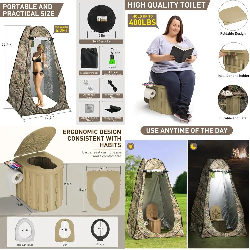 

Compact Folding Toilet with Pop-Up Tent, 12 Seat, 400 lbs Capacity, LED Light for Outdoor Camping