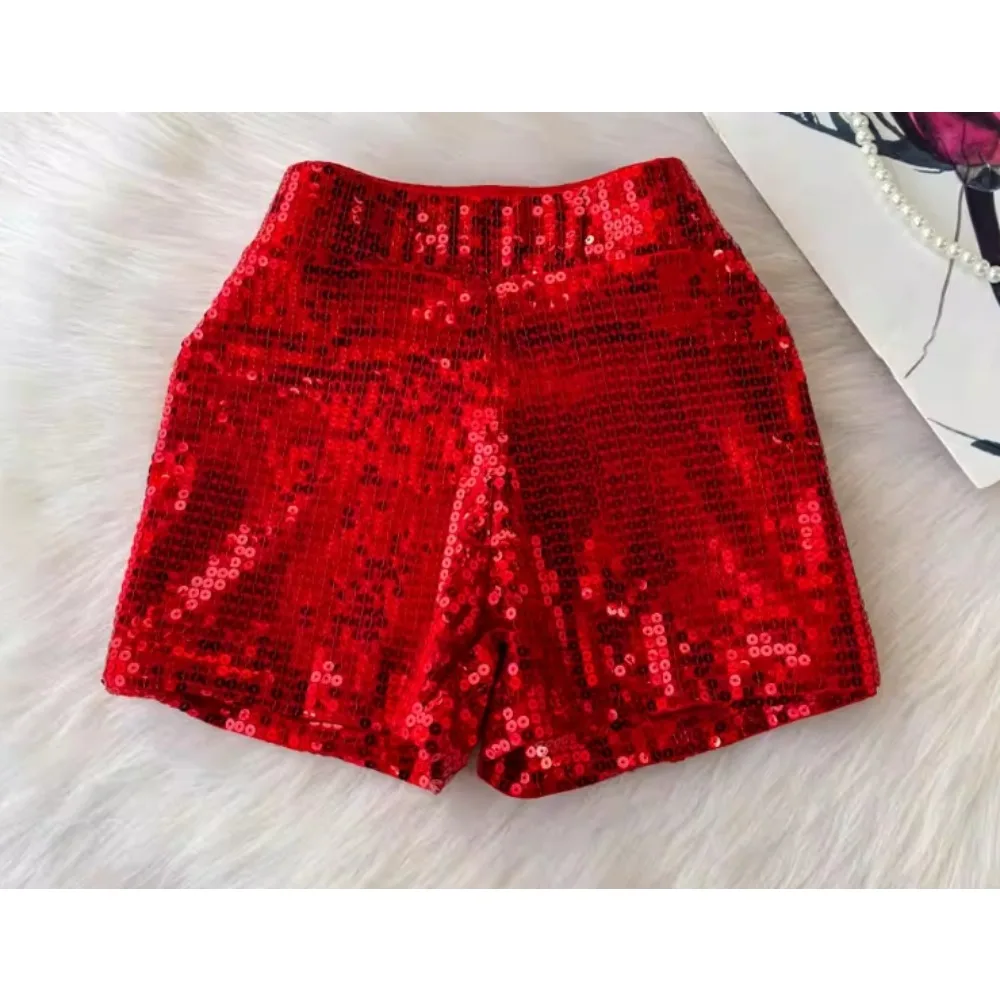 

Базовые винтажные шикарные короткие брюки с высокой талией и блестками, модная уличная одежда, клубная уличная женская повседневная одежда