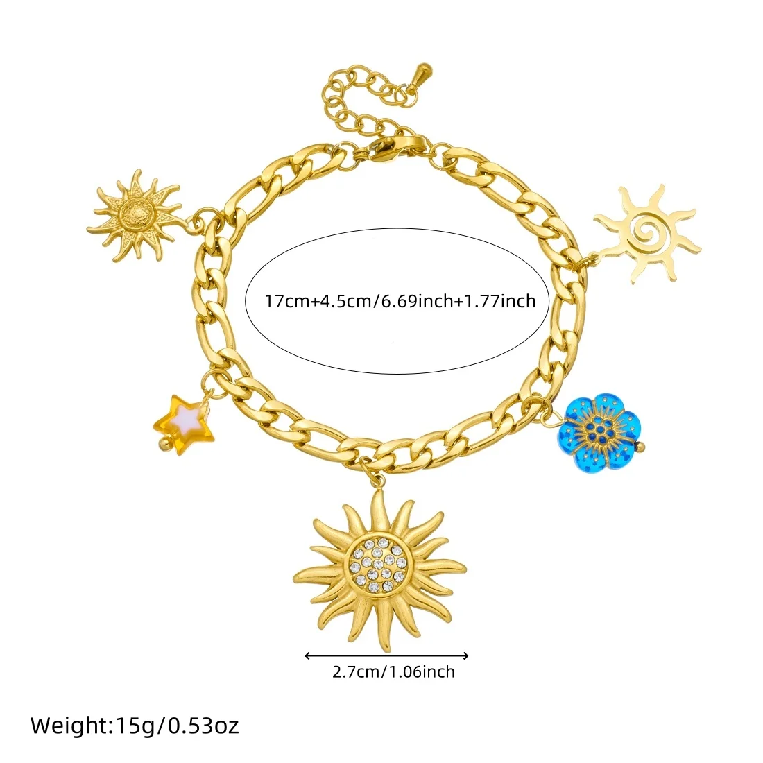DIEYURO 316L Stainless Steel Golden Sun Inlay Zircon Colored Crystal Flower Pendant Necklace Bracelet Set Lady New Trend Jewelry