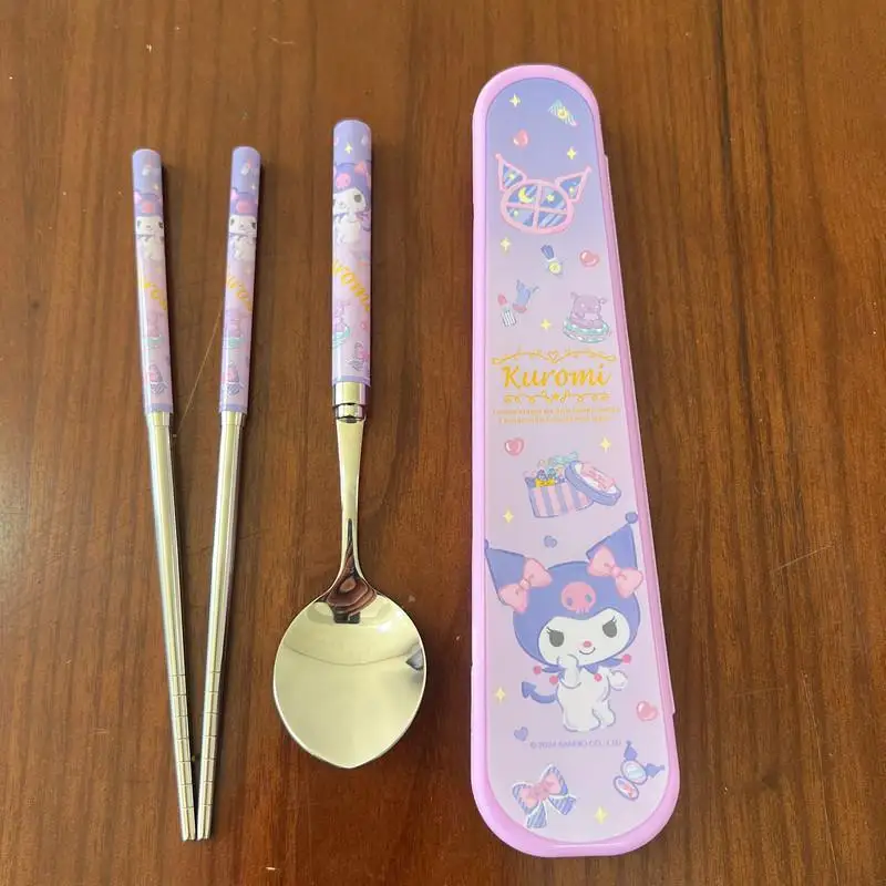 Sanrio Kuromi Louça para Crianças, Pauzinho, Colher, Garfo, Conjunto de Talheres, Desenhos Animados Bonitos, Armazenamento Portátil, Kawaii, Casa, Estudo, Presente para Menina