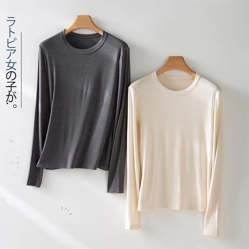 2023 Autumn Long Sleeve Acetate Wool Blended T-shirt Round Neck Comfortable Soft Basic Bottoming Shirt Tops