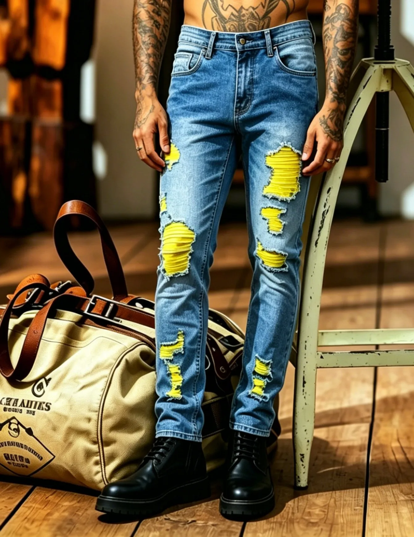 【HME】Men's Jeans | Ripped Denim Pants For Men, Bright Yellow Contrast Lining Distressed Denim Pants, Slim Straight Fit Denim Trousers, Frayed Hole Detail Classic 5 Pocket Design For Punk Street Outfits