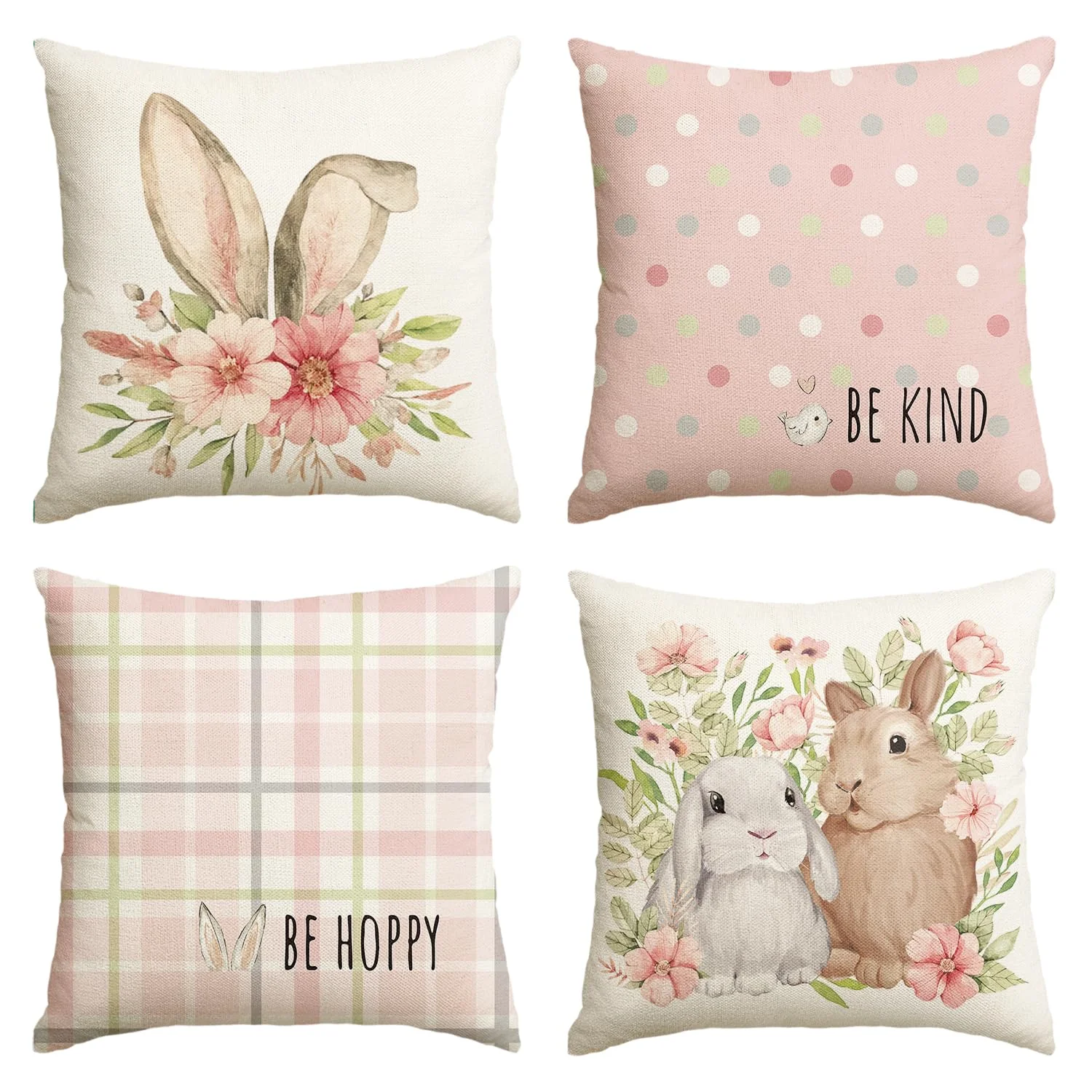 VIKAMA Easter Bunny Pillow Cover  Watercolor Two Rabbits & Pink Floral Pillowcase for Couch Bedroom Spring Decoration