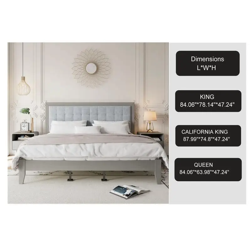 سرير كوين مع منصة من الخشب الصلب ولوح رأسي منجد