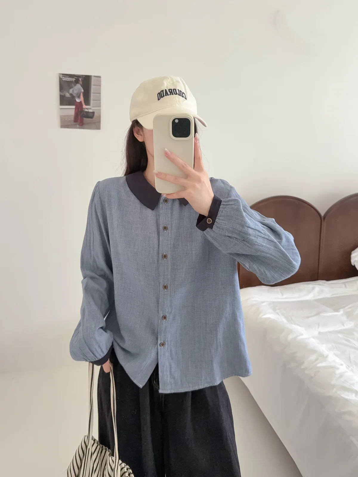 New 2026 Autumn Women Cotton Yarn Long Sleeve Shirt, Turn-down Collar Houndstooth, Mori Girl Commute Soft Loose Blouse T66688CC