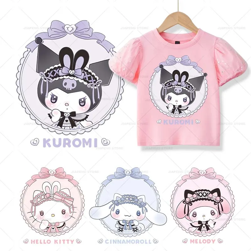 

Maid Cinnamoroll Printed Stickers For Girl Clothes Cute Sanrio Cartoon Hello Kitty Patches Iron on Transfers On Girl T-shirt DIY