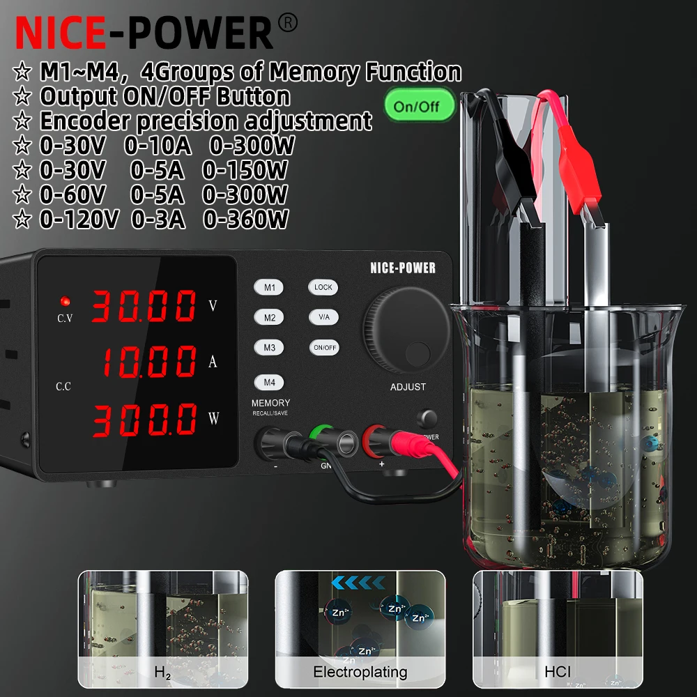 

Лабораторный источник питания постоянного тока NICE-POWER 12 В 48 В 24 В 30 В 60 В Регулируемый регулируемый источник питания, ПК Edit Stored M1-M4, ручка энкодера