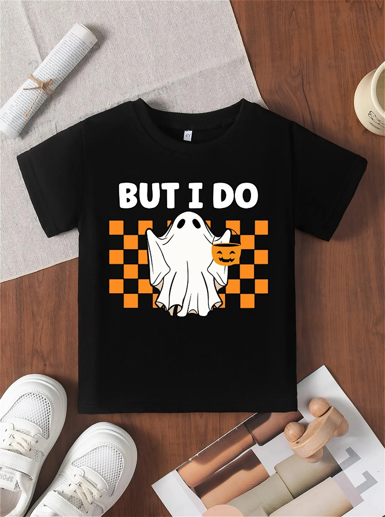 Halloween little ghost pattern printed girls' T-shirt, I can make letter printed versatile holiday style top