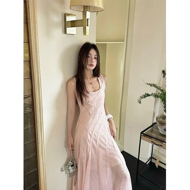 Damen Sommer Neues Weiches Elegantes Spitzen-Maxikleid Rosa Vielseitiges Schlankes Kleid mit Transparentem Saum Modisches Strand- und Partykleid