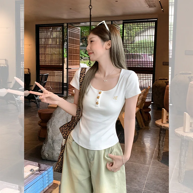 

American Style White Embroidered Regular Shoulder Short Sleeve T-Shirt for Women Summer Unique Button Super Beautiful Unique