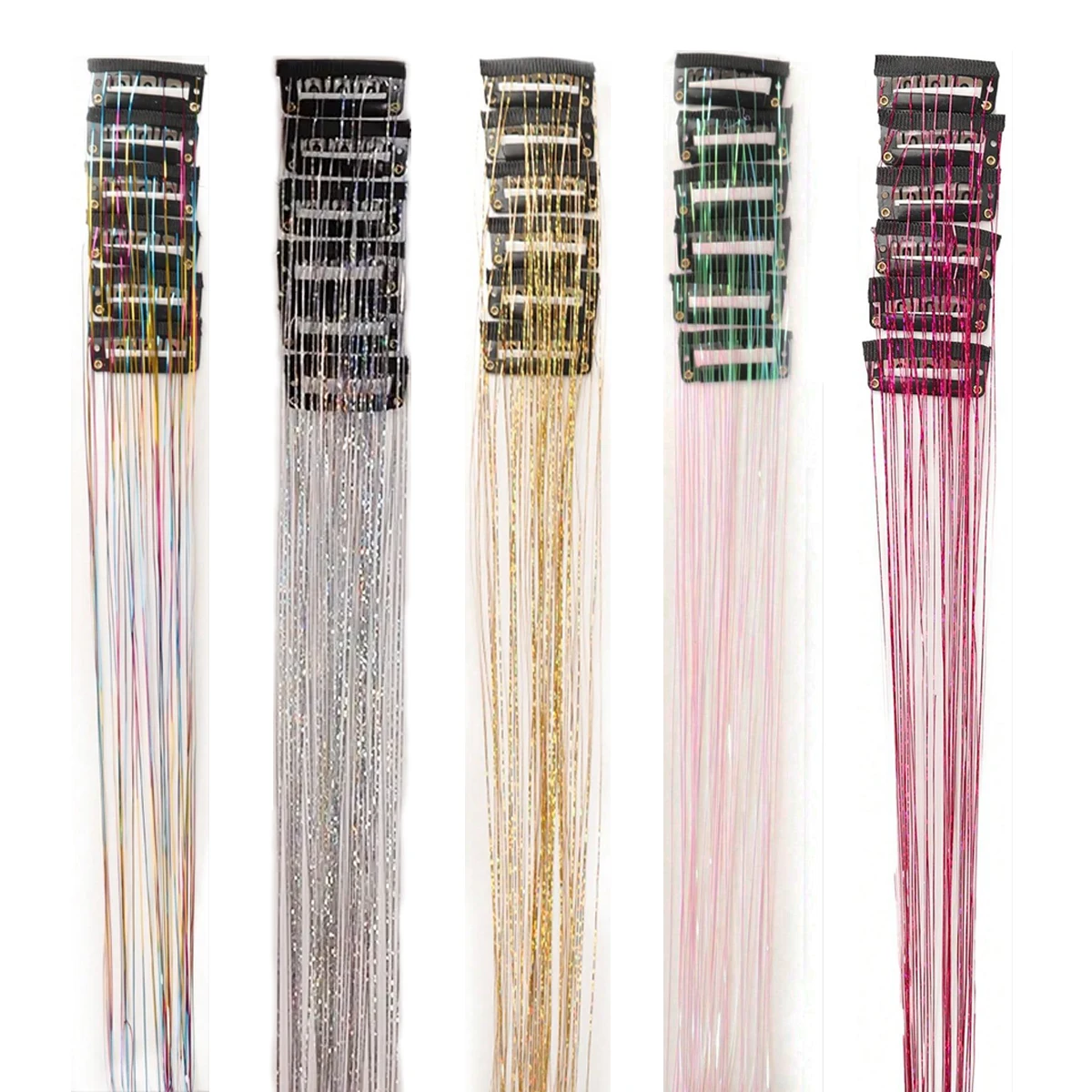 12個入り合成ヘアティンセルクリップ、20インチグリッターティンセルヘアクリップ、耐熱性シャイニースパークルフェアリーヘアティンセルキット