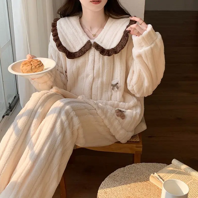 

Зимний сладкий женский пижамный костюм, студенческий удобный пижамный комплект на флисовой подкладке, утепленный фланелевой пижамный комплект из кораллового флиса, домашняя одежда