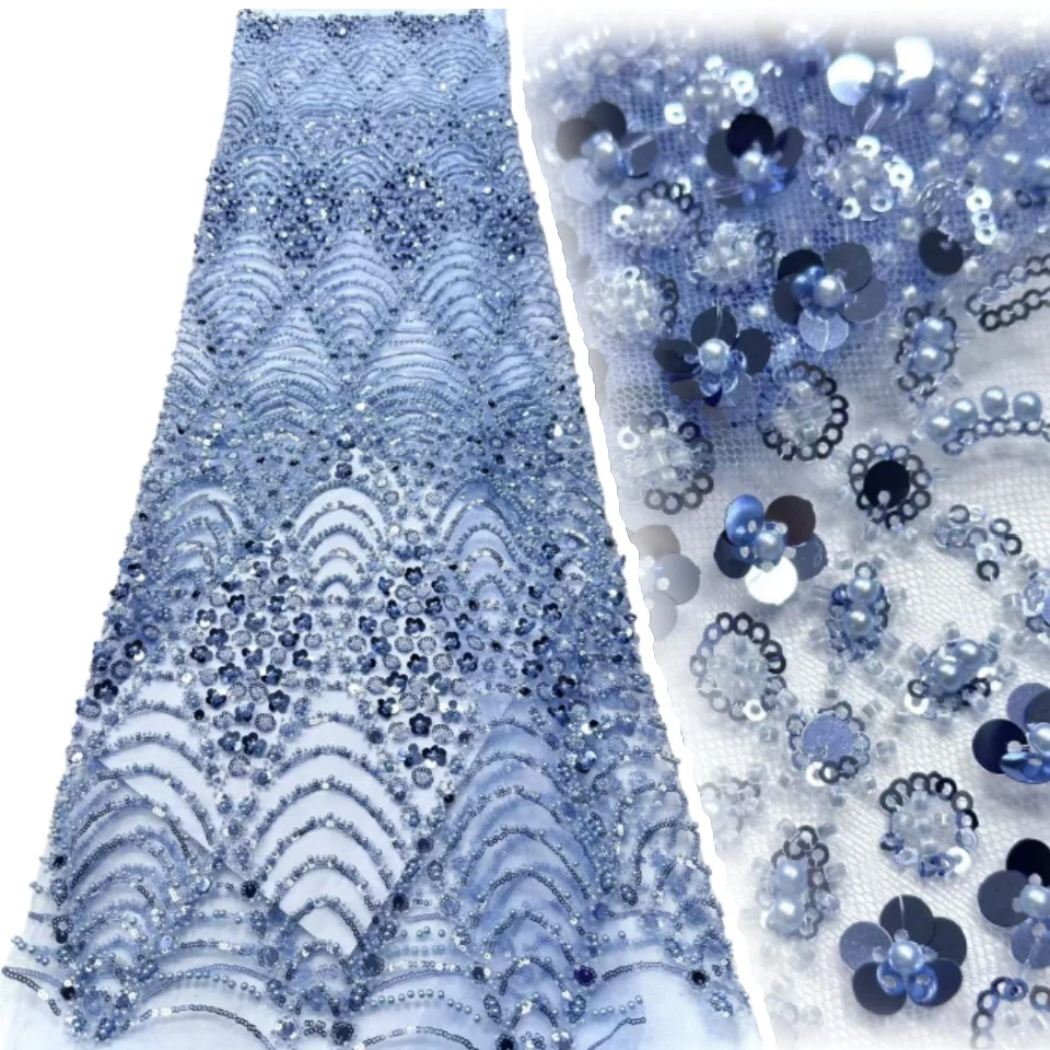 

High Quality African Blue Beaded Lace Fabrics Latest Sequins Lace Fabric 5 Yards Nigerian Wedding Dresses for Woman TP1356