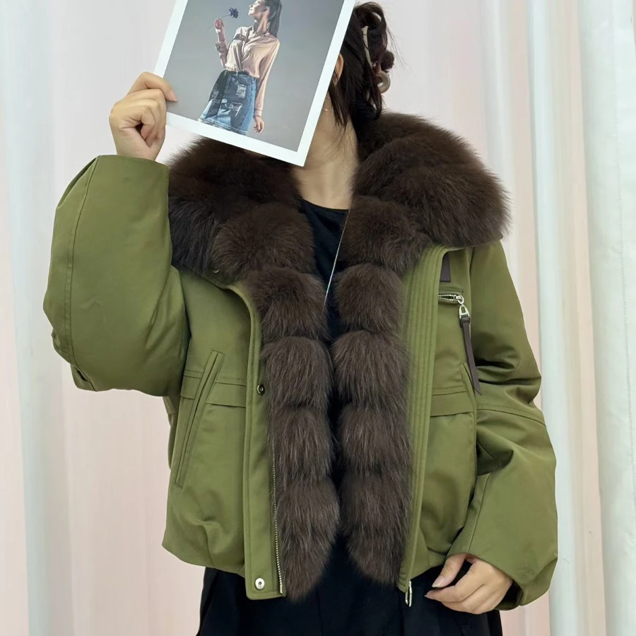 Piumino invernale da donna con collo in pelliccia naturale Piumino in vera pelliccia Cappotto in vera pelliccia di volpe Giacca pelosa alla moda