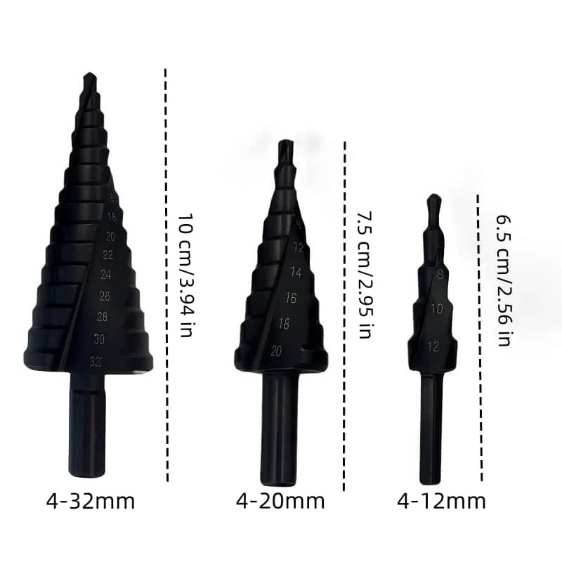 3Pcs HSS Step Drill Bit Set 4-12/4-20/4-32mm Black Oxide Cone Drill For Metal Wood Plastic Hole Drilling Power Tool
