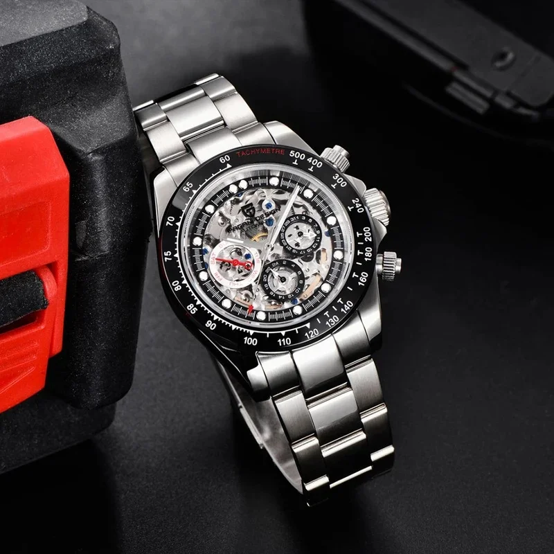 PAGANI DESIGN 1653 Skeleton Automatic Mechanical Watch for Men, Hollow Dial, 100M Water Resistant, Stainless Steel Sports Wristw