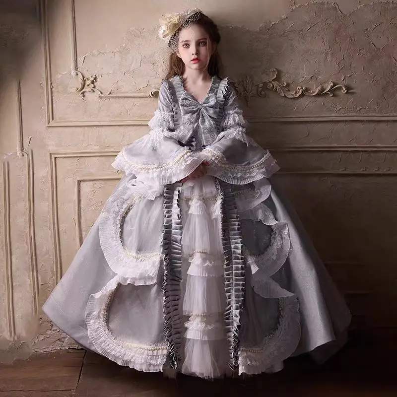 

Luxury Gray Lolita Flower Girl Dress Long Sleeve Lace For Kids Princess Wedding Pageant Birthday Party Ball Gowns J187