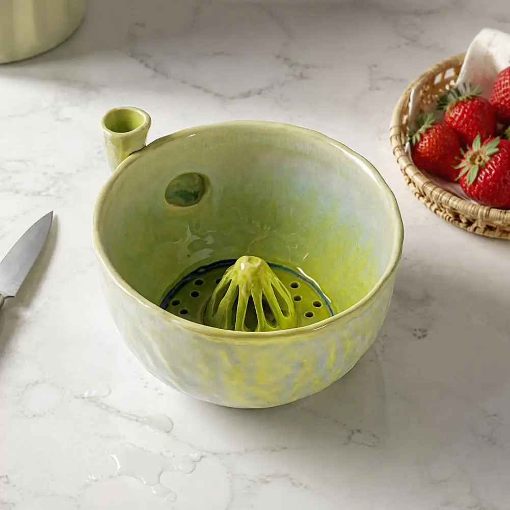 Vegetable Basin Ceramic Berry Washing Bowl with Drainage Hole 360° Self Rinsing Fruit Strainer Fresh Vegetable for Kitchen