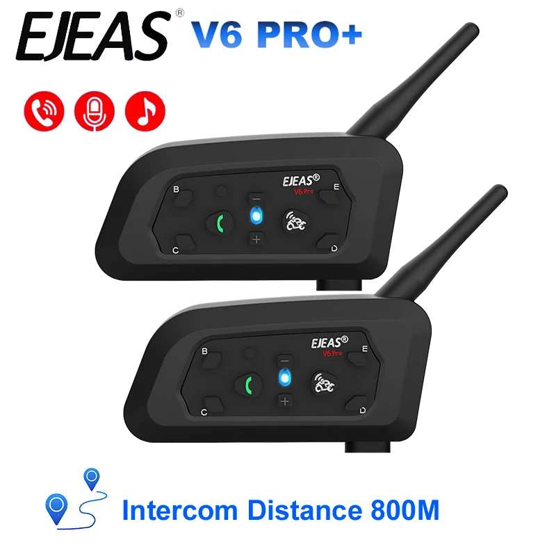 

EJEAS V6 PRO + Bluetooth мотоциклетный шлем, домофонная гарнитура с 1200 м, переговорным коммуникатором для 6 гонщиков, IPX67, водонепроницаемый MP3