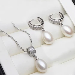 Genuine Natural Pearl Necklace And Earrings Set For Women,Trendy 925 Silver Pearl Jewelry Set Wife Annniversary Gift White Black