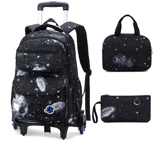 Primário médio mochila de rolamento conjunto 3 em 1 elementar meninos trolley bookbag com seis rodas escola trole saco lancheira