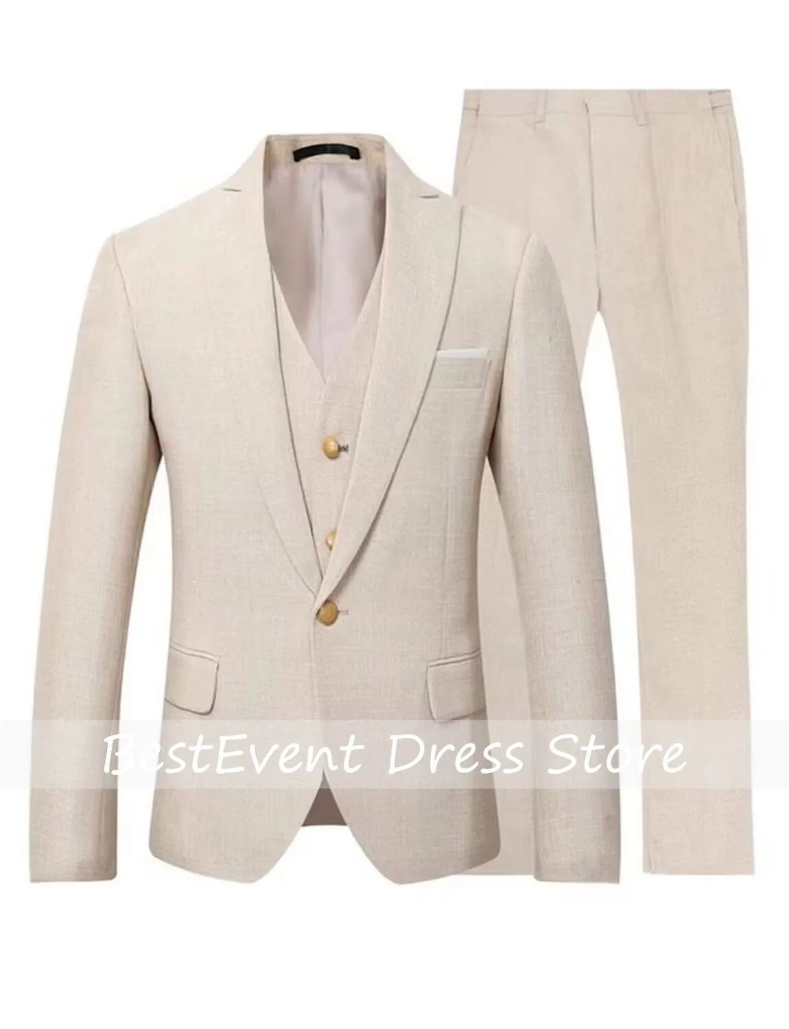 New Design Beige Linen Suit for Men 3 Pieces Formal Wedding Prom Slim Fit Jacket Best Man Groom Tuxedos Costume Homme Customized