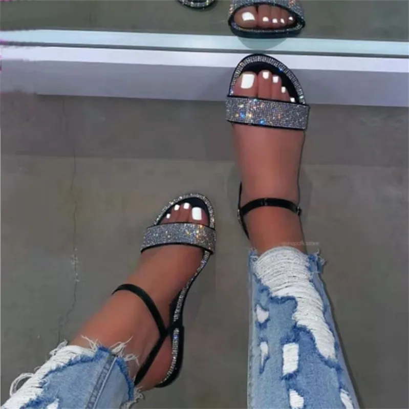 Rhinestone Sandals 2024 Women\'s Large Size Buckle Strap Ladies Shoes Summer Suit Female Beige New Big Fashion Low Comfort Black