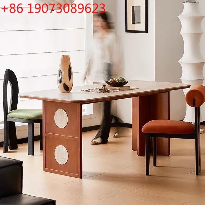 Medieval travertine rock slab dining table Nordic retro home restaurant dining table Thickened solid wood  Large board table