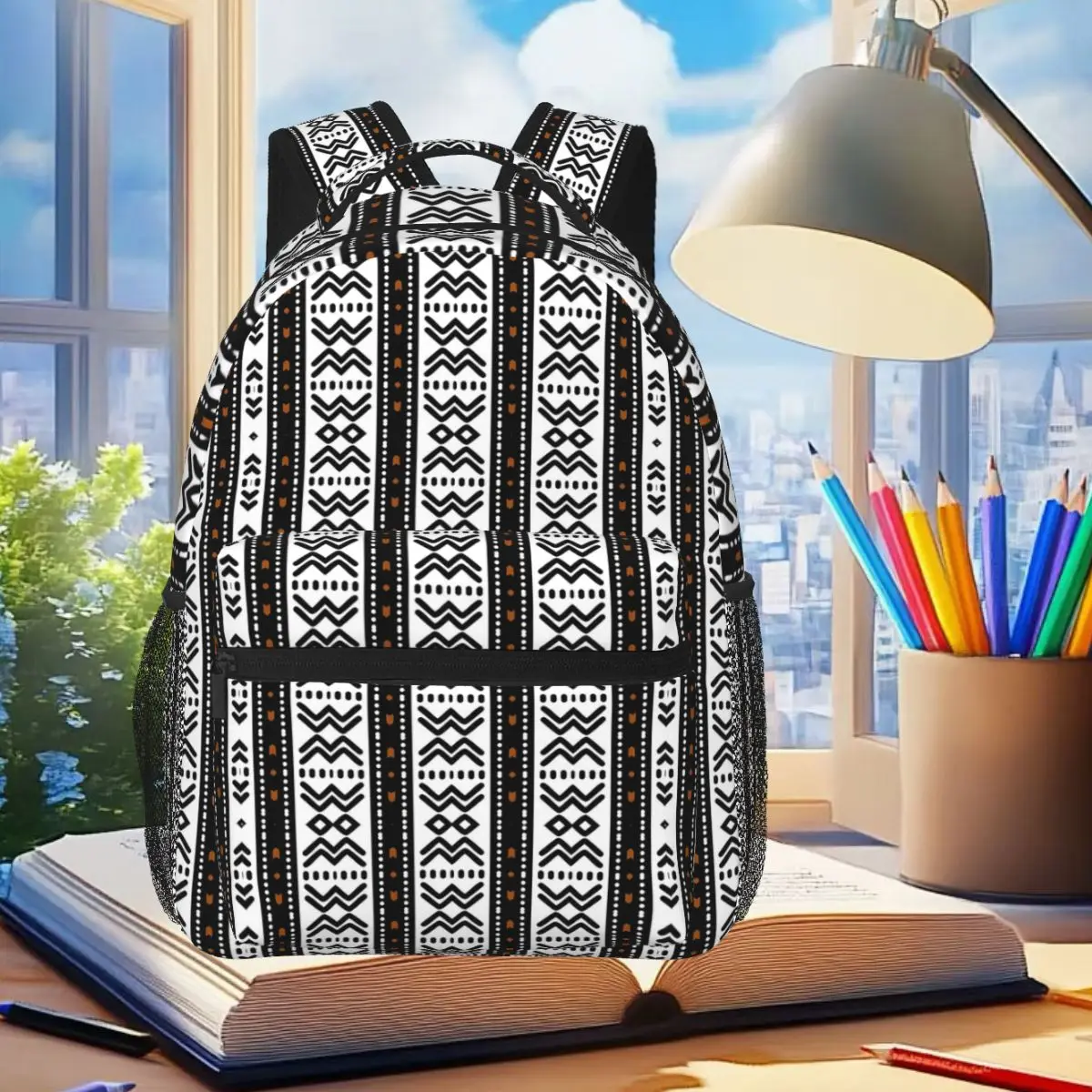 

Modern African Bogolan Design Student Backpack School Bag Hiking Travel Daypack for Boys Girls Fashion Bookbag Shoulder Bags