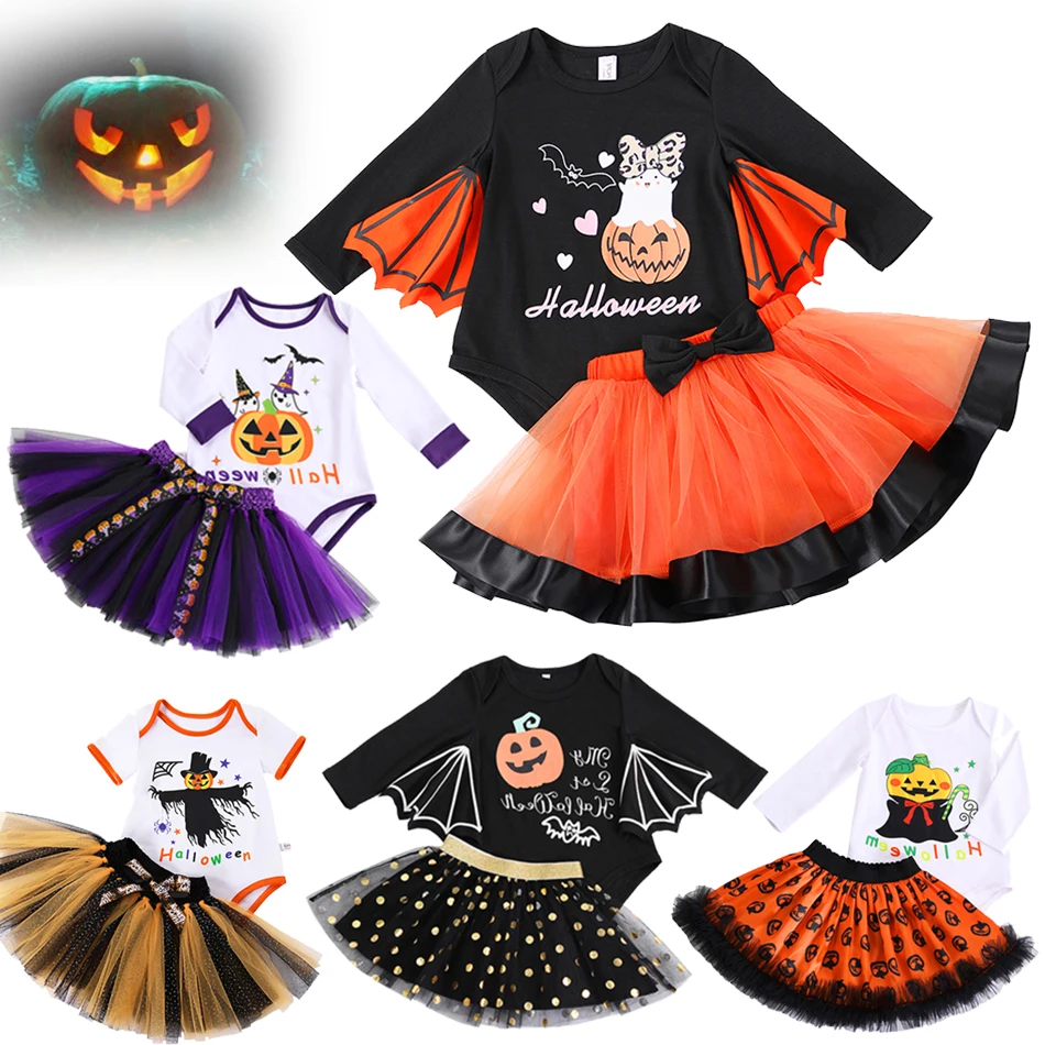 Halloween Baby Jumpsuit Pumpkin Head Skull Bones Infant Costume Bat Romper Long Sleeve Round Neck Button Suit 2Pcs Clothes Set