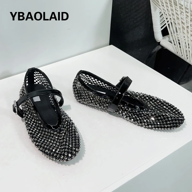 

Women's Summer New Crystal Decor Mesh Ballet Shoes Fashion Flats Sandals Round Toe Buckle Strap Rhinestone Comfort Loafers Shoes