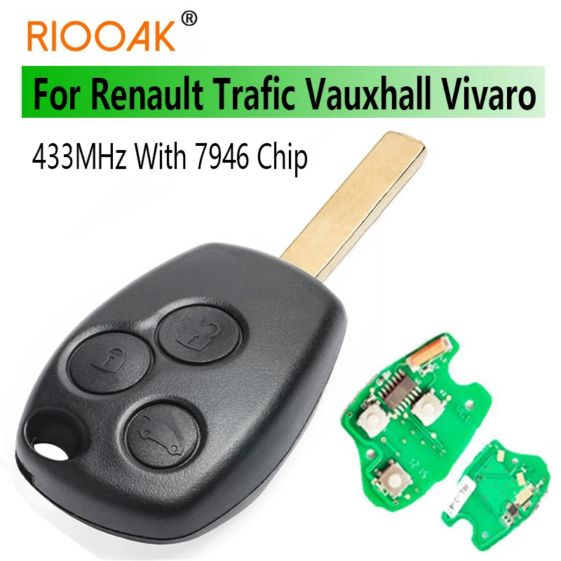 433MHz With 7946 Chip 3 Button Remote Key Fob Round Button With VA2 Blade for Renault Trafic Vauxhall Vivaro