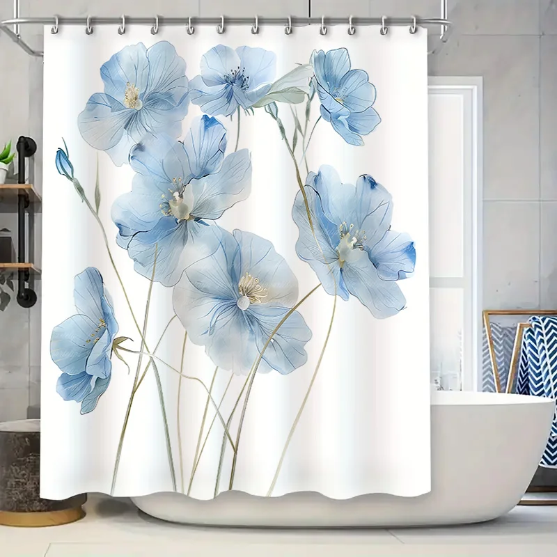 

‌Elegant Blue Flower Pattern Shower Curtain Bathroom Decor‌ Modern Design High-Quality Fabric Easy to Clean Rustproof Hooks‌