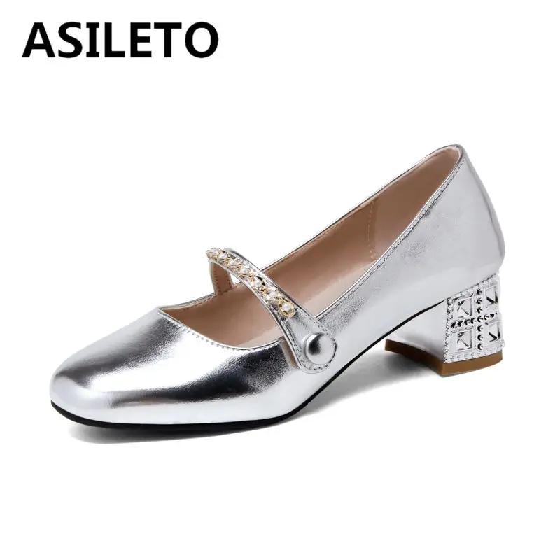 ASILETO Patent Leather Girls Pumps Square Toe Metal Decoration Chain Strap Small Size 28 29 30 Soft Women Mary Janes Shoes 43